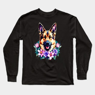 German Shepherd Dog Surrounded by Beautiful Spring Flowers Long Sleeve T-Shirt